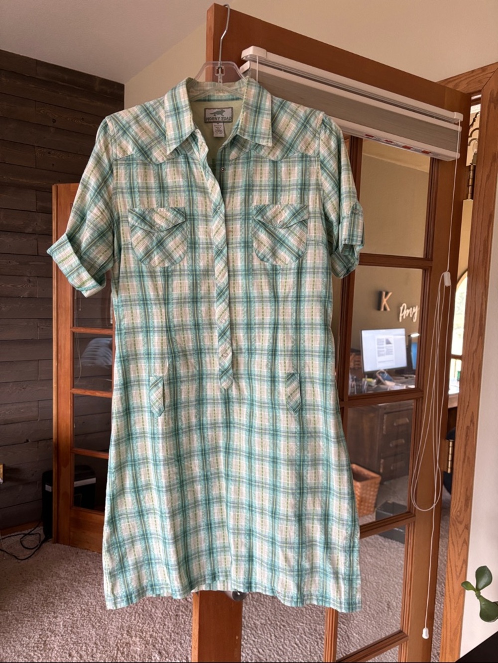 Horny Toad Light Green Plaid Midi Shirt Dress